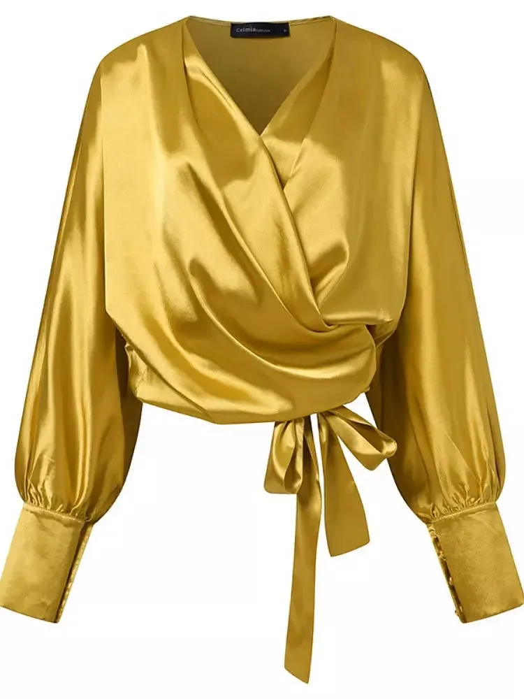 Female Stylish Glossy Satin Shirt Leopard Blouse Bat Sleeve Bandage Party Tops