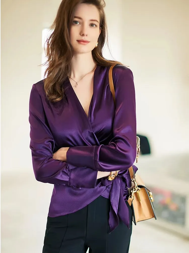 Female Stylish Glossy Satin Shirt Leopard Blouse Bat Sleeve Bandage Party Tops
