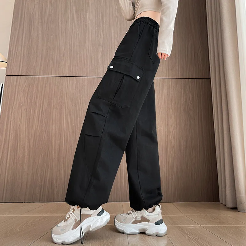 Flattering Solid Color Washed Cotton Cargo Pants for Women