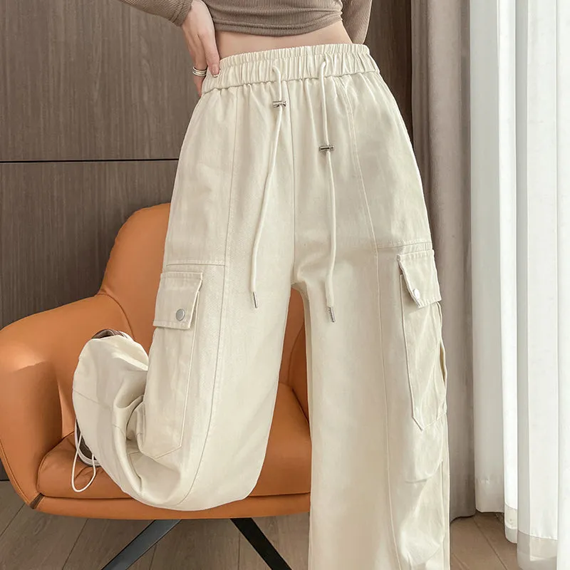 Flattering Solid Color Washed Cotton Cargo Pants for Women