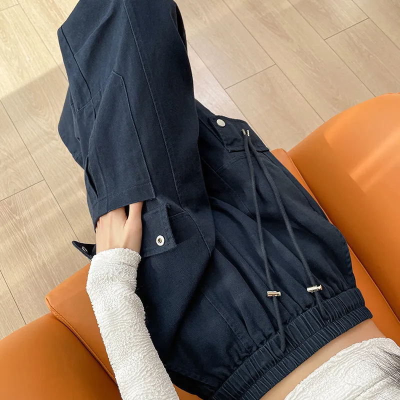 Flattering Solid Color Washed Cotton Cargo Pants for Women