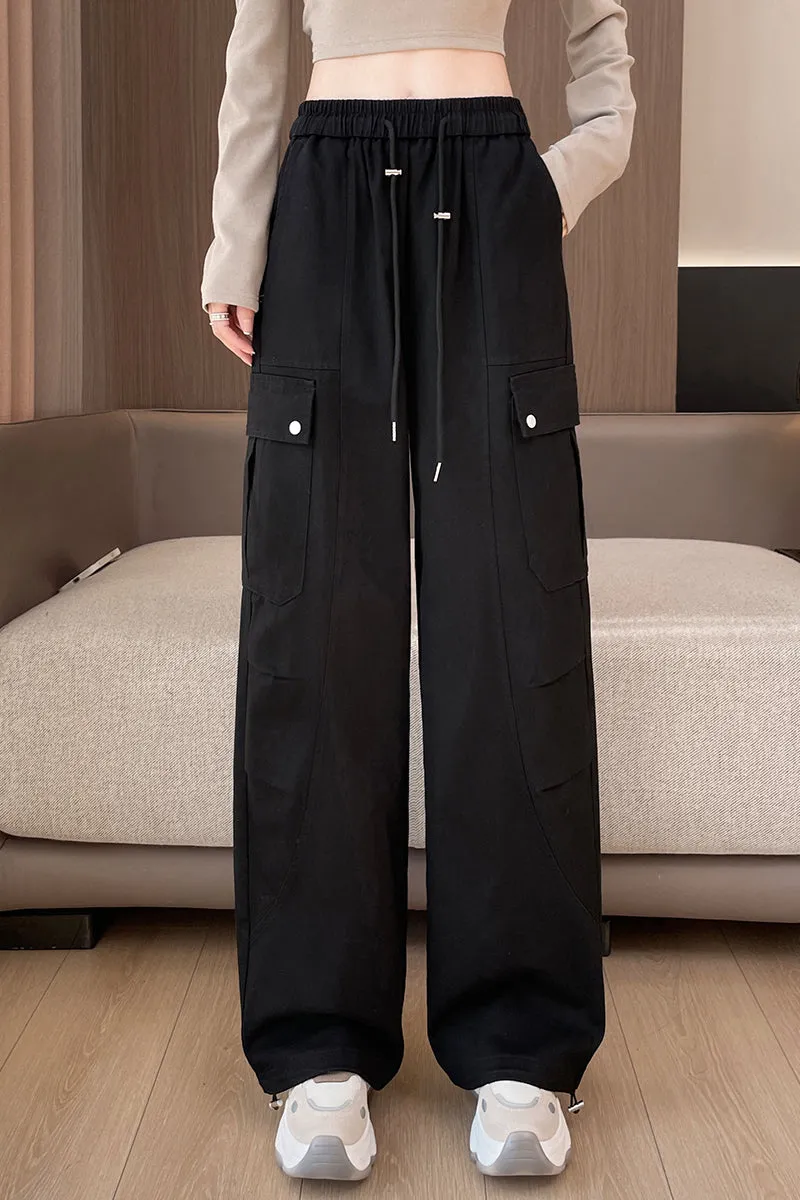 Flattering Solid Color Washed Cotton Cargo Pants for Women