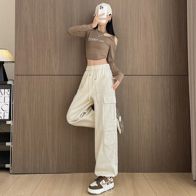Flattering Solid Color Washed Cotton Cargo Pants for Women
