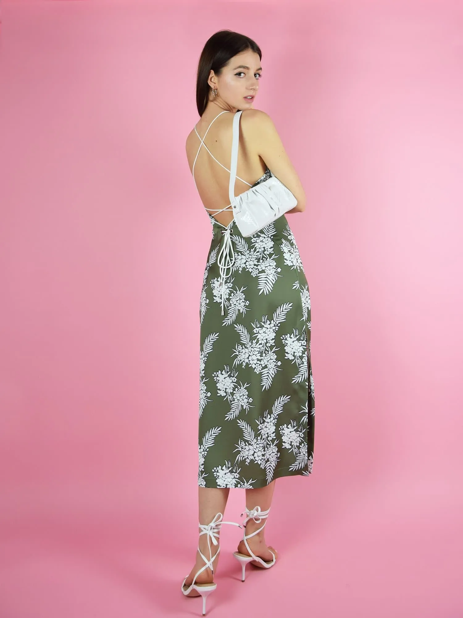 Floral Backless Midi Slip Dress, Upcycled Polyester, in Green & White Print