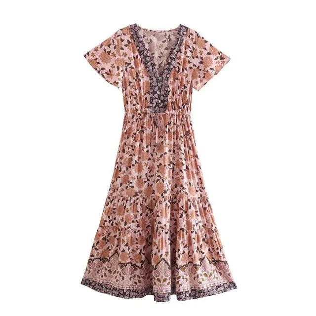 Floral Print Summer Beach Dress for Women Bohemian Ladies V-neck Short Sleeve Boho Chic Dresses