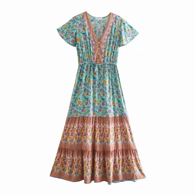 Floral Print Summer Beach Dress for Women Bohemian Ladies V-neck Short Sleeve Boho Chic Dresses
