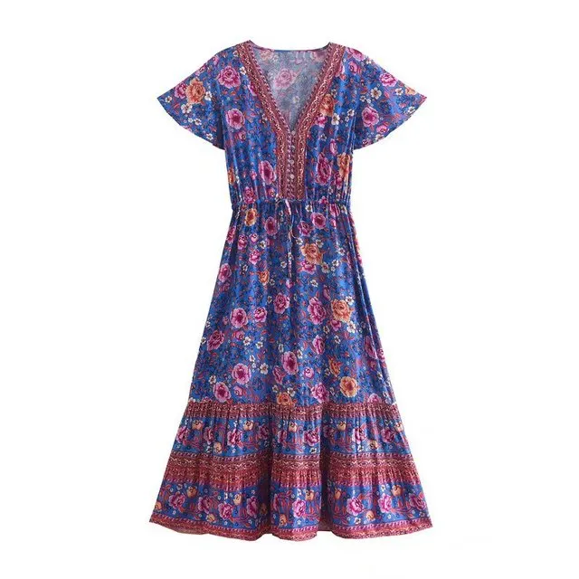 Floral Print Summer Beach Dress for Women Bohemian Ladies V-neck Short Sleeve Boho Chic Dresses