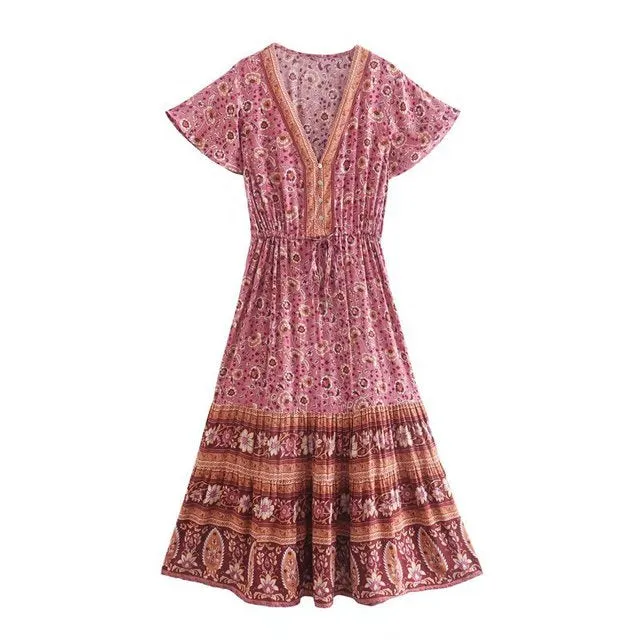 Floral Print Summer Beach Dress for Women Bohemian Ladies V-neck Short Sleeve Boho Chic Dresses