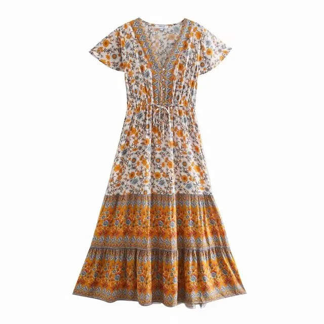 Floral Print Summer Beach Dress for Women Bohemian Ladies V-neck Short Sleeve Boho Chic Dresses