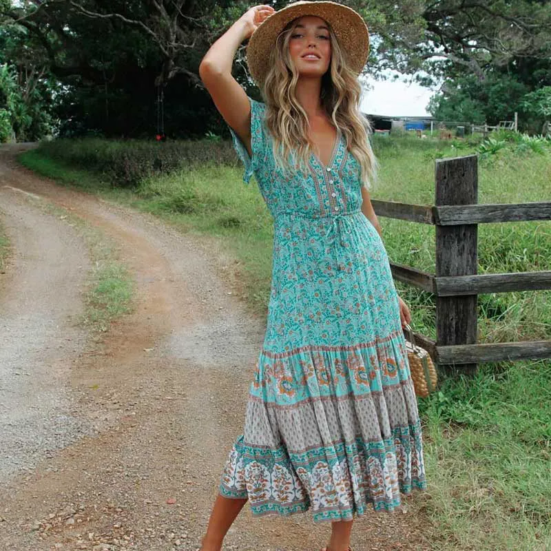 Floral Print Summer Beach Dress for Women Bohemian Ladies V-neck Short Sleeve Boho Chic Dresses