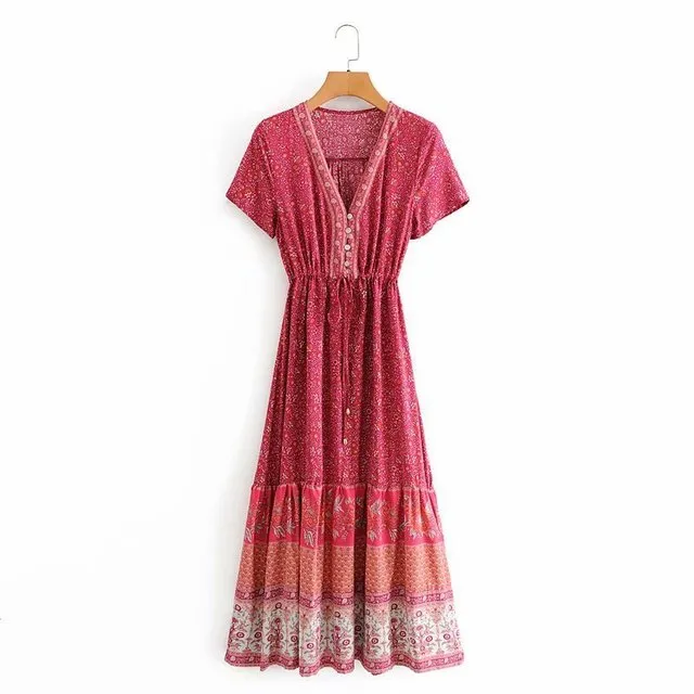 Floral Print Summer Beach Dress for Women Bohemian Ladies V-neck Short Sleeve Boho Chic Dresses