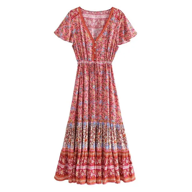 Floral Print Summer Beach Dress for Women Bohemian Ladies V-neck Short Sleeve Boho Chic Dresses