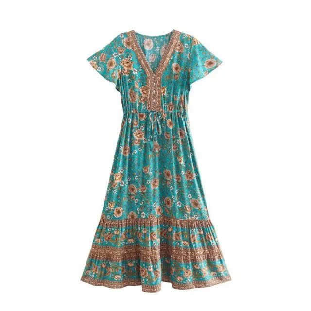 Floral Print Summer Beach Dress for Women Bohemian Ladies V-neck Short Sleeve Boho Chic Dresses