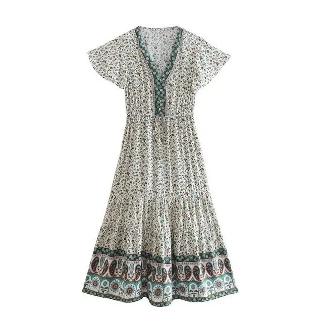 Floral Print Summer Beach Dress for Women Bohemian Ladies V-neck Short Sleeve Boho Chic Dresses