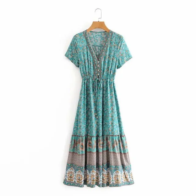 Floral Print Summer Beach Dress for Women Bohemian Ladies V-neck Short Sleeve Boho Chic Dresses