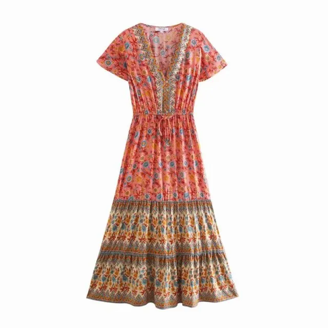 Floral Print Summer Beach Dress for Women Bohemian Ladies V-neck Short Sleeve Boho Chic Dresses