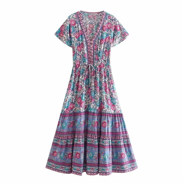 Floral Print Summer Beach Dress for Women Bohemian Ladies V-neck Short Sleeve Boho Chic Dresses