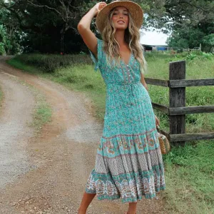 Floral Print Summer Beach Dress for Women Bohemian Ladies V-neck Short Sleeve Boho Chic Dresses