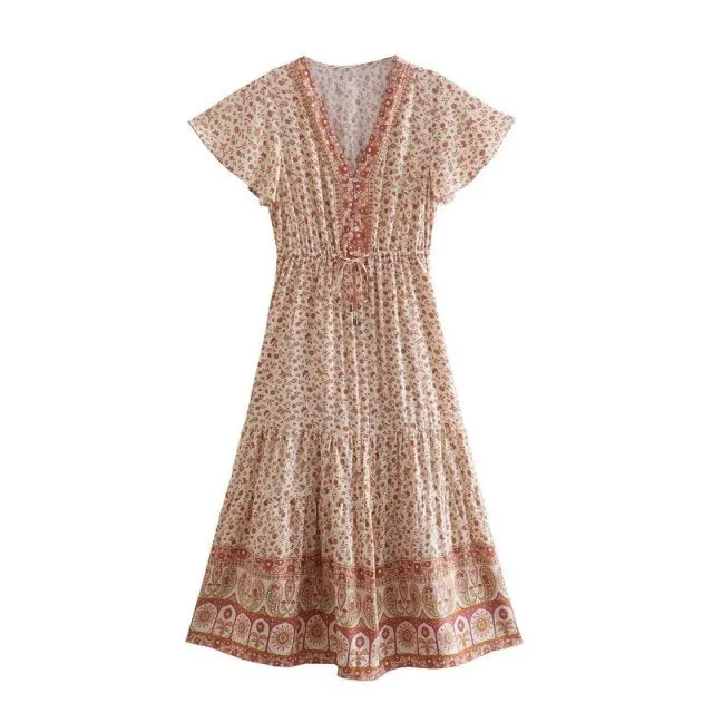 Floral Print Summer Beach Dress for Women Bohemian Ladies V-neck Short Sleeve Boho Chic Dresses