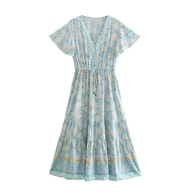 Floral Print Summer Beach Dress for Women Bohemian Ladies V-neck Short Sleeve Boho Chic Dresses
