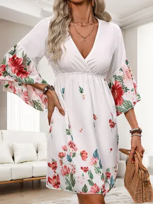 Floral Print V-Neck Dress with Three-Quarter Sleeves