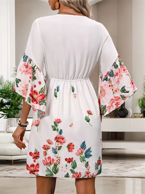 Floral Print V-Neck Dress with Three-Quarter Sleeves