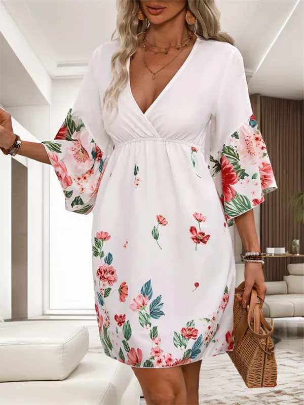Floral Print V-Neck Dress with Three-Quarter Sleeves