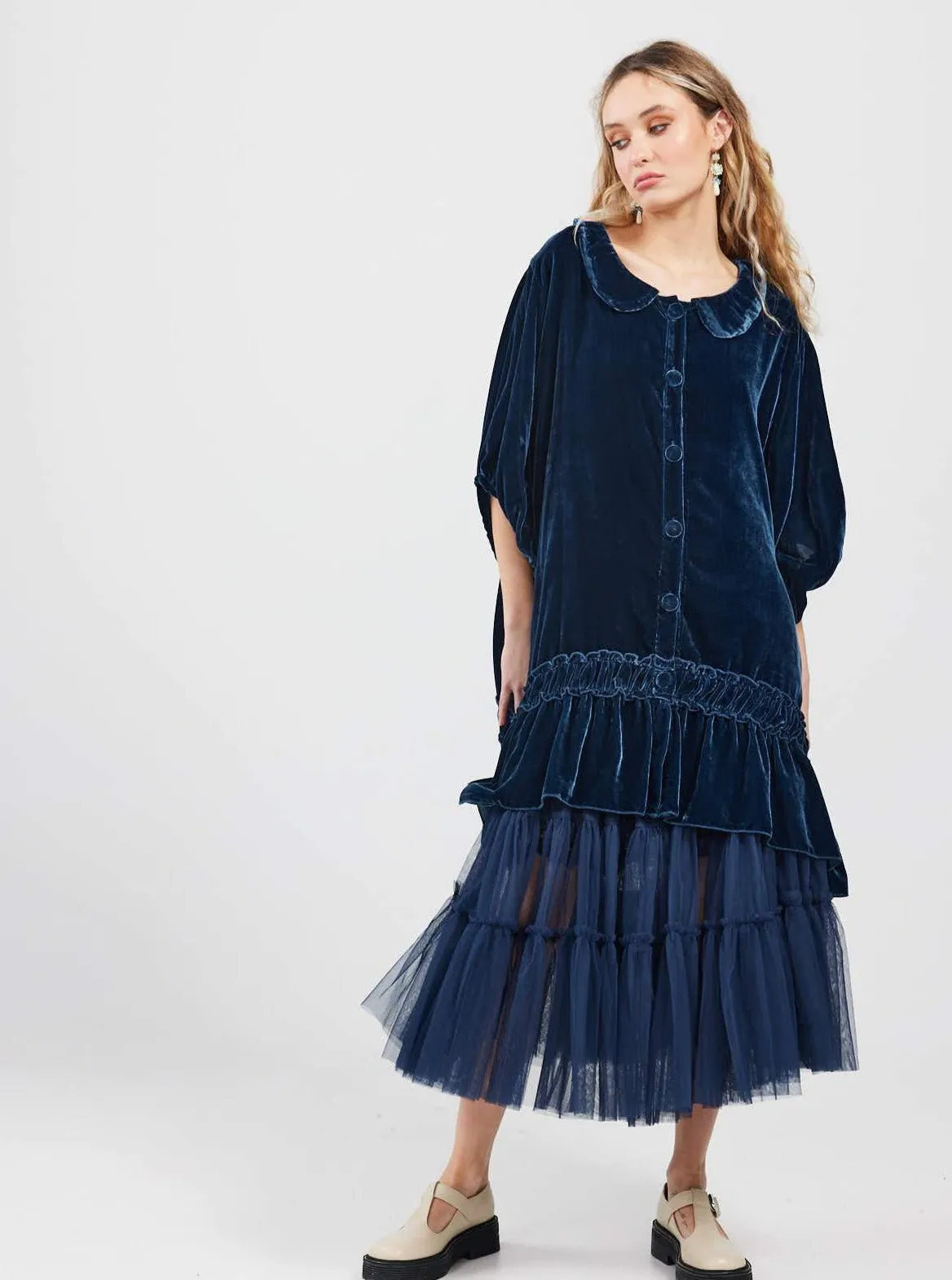 Florentine Velvet Coatdress. Midnight Blue