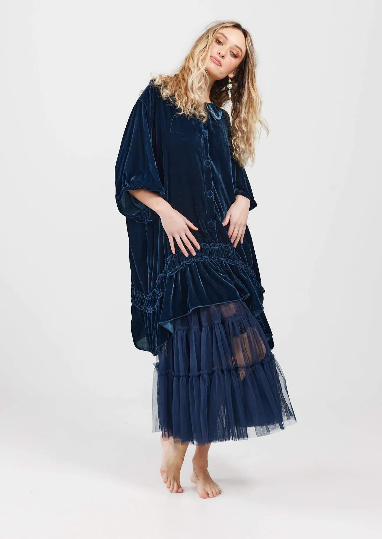 Florentine Velvet Coatdress. Midnight Blue