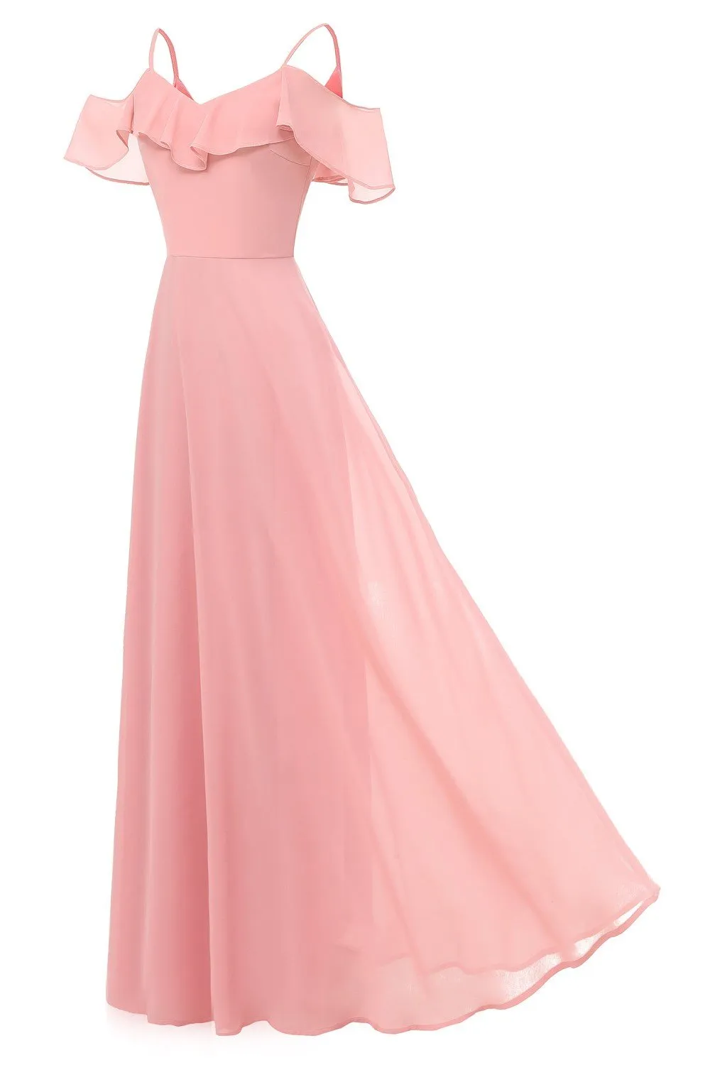 Flounced Long Pink Bridesmaid Dresses with Spaghetti Straps