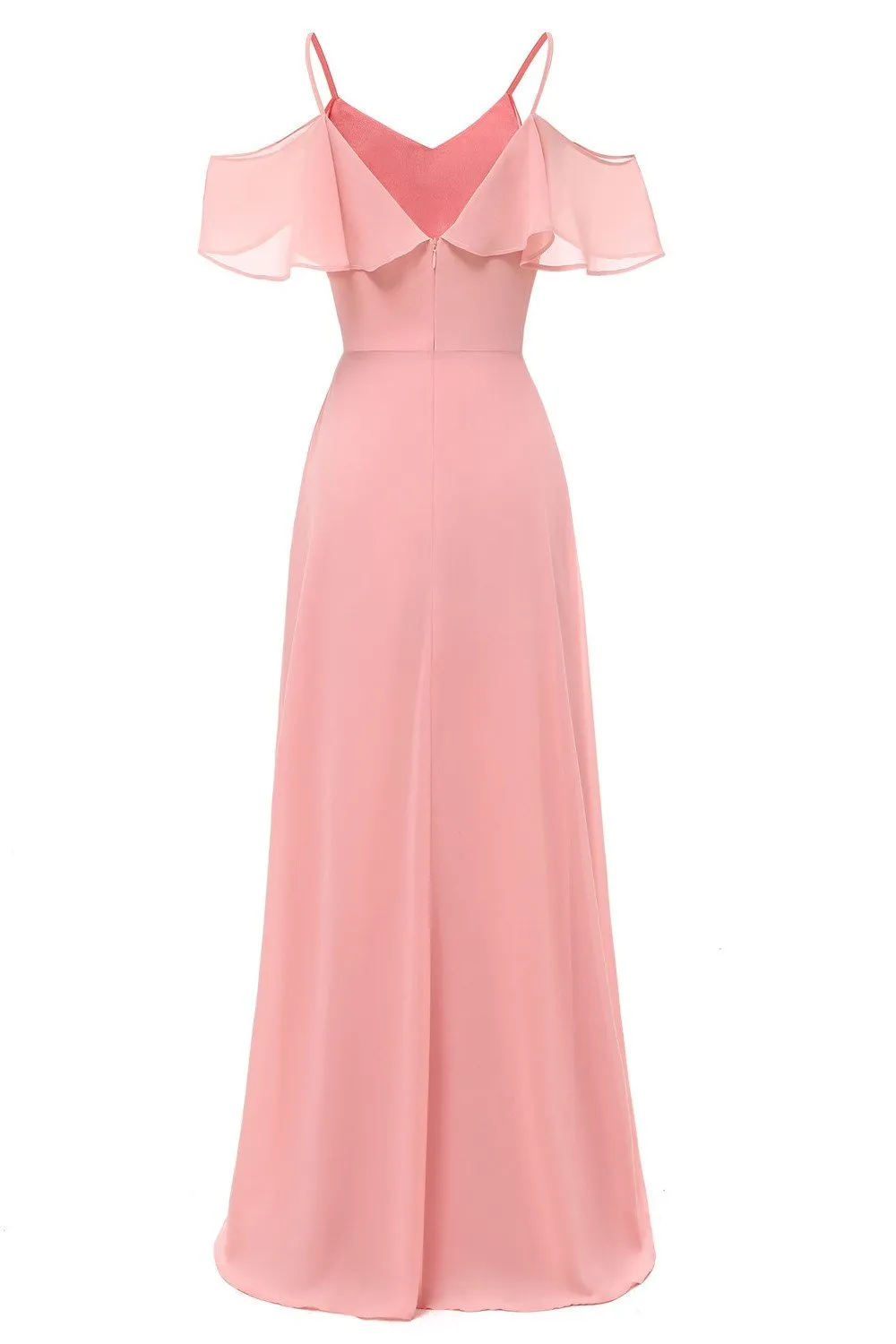 Flounced Long Pink Bridesmaid Dresses with Spaghetti Straps