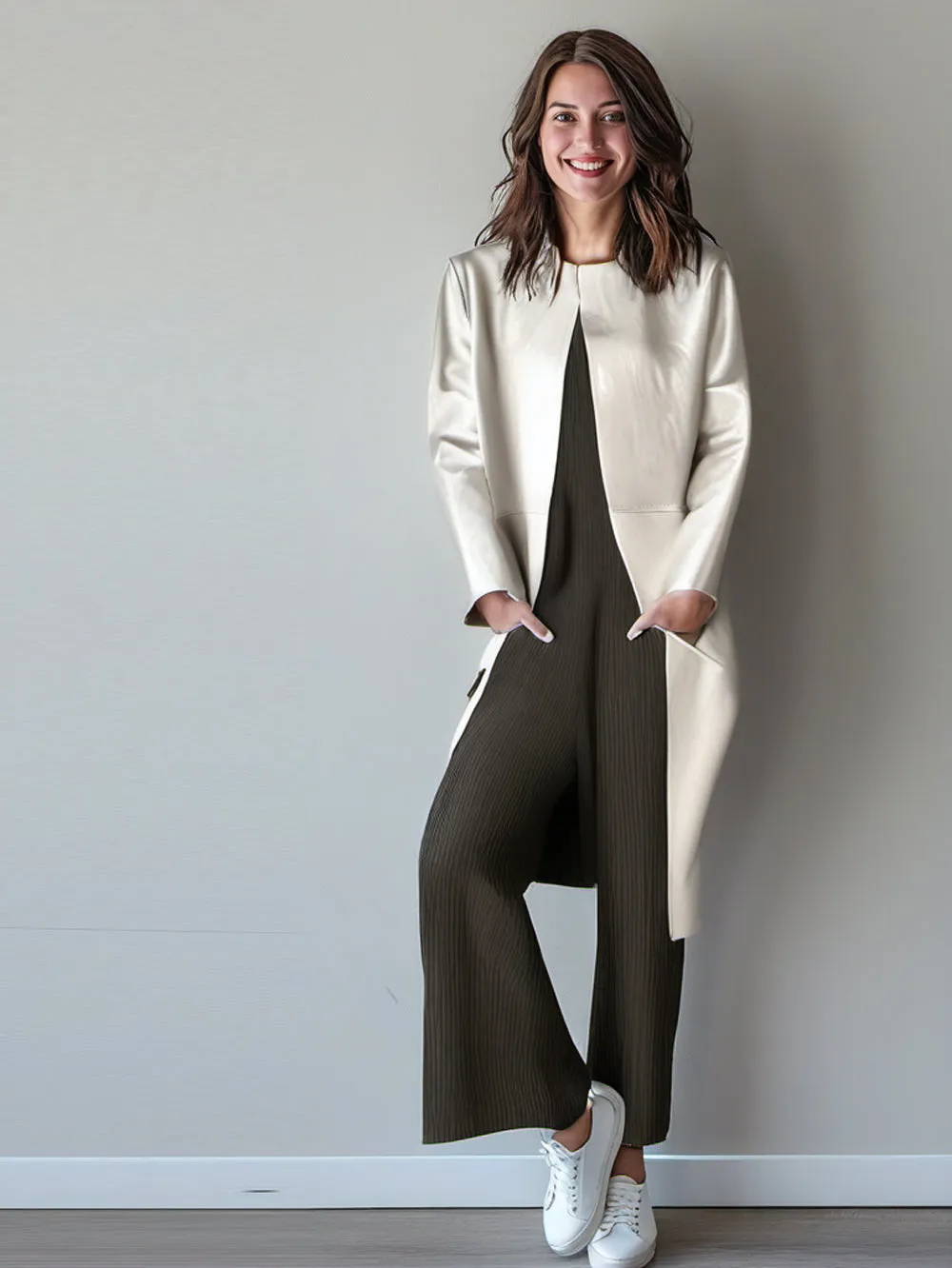 Formal Round-Neck Leather Coat for Women