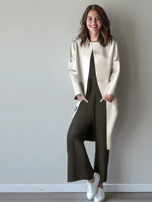 Formal Round-Neck Leather Coat for Women