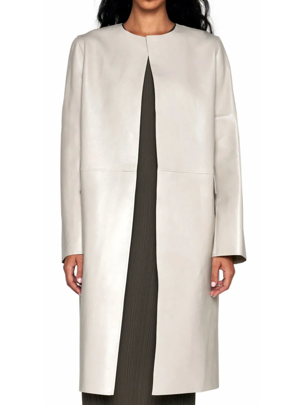 Formal Round-Neck Leather Coat for Women