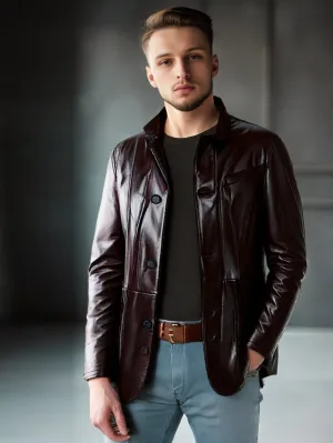 Front Button and Zip Leather Coat for Men