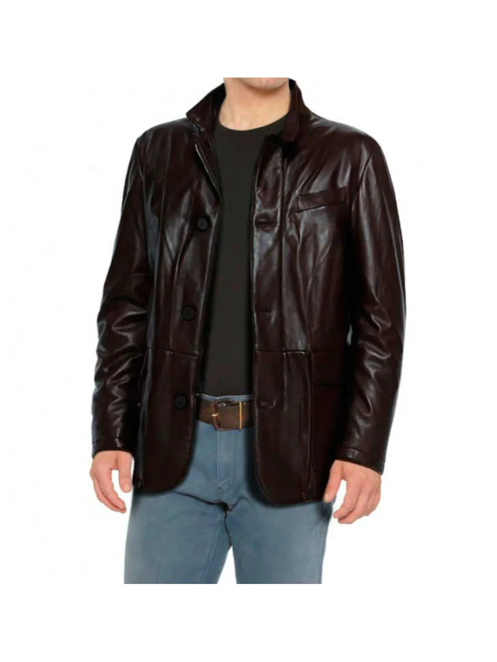 Front Button and Zip Leather Coat for Men