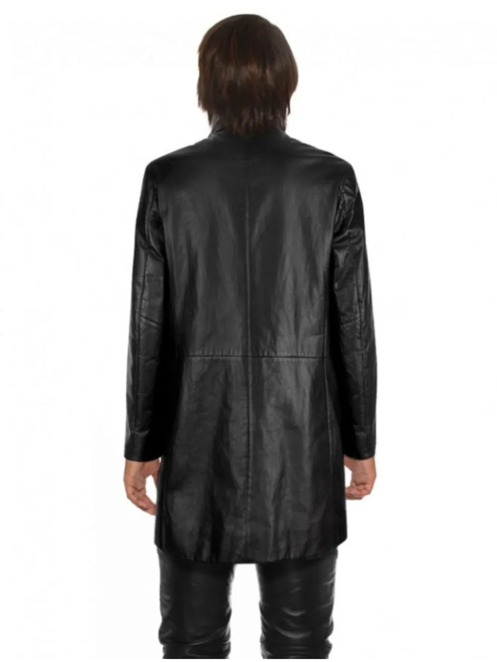 Funnel Neck Black Leather Coat for Men