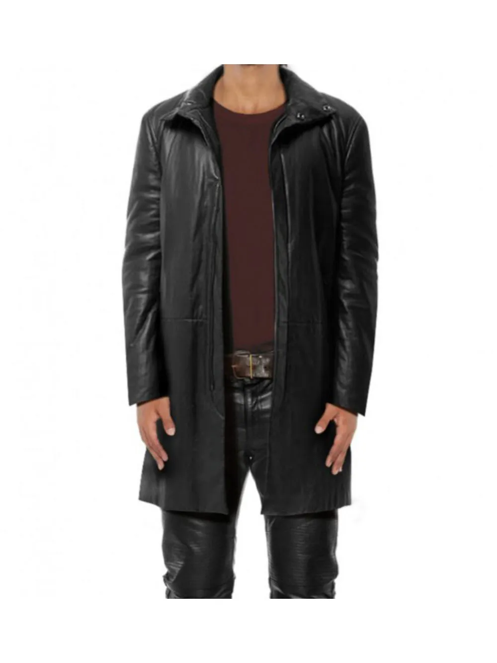 Funnel Neck Black Leather Coat for Men