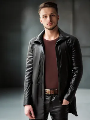 Funnel Neck Black Leather Coat for Men