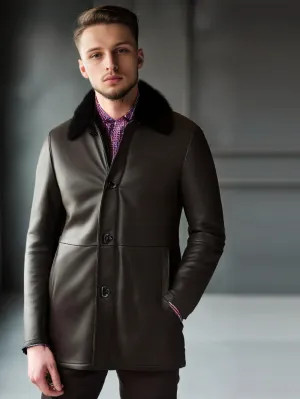Fur Collar Lambskin Leather Coat for Men