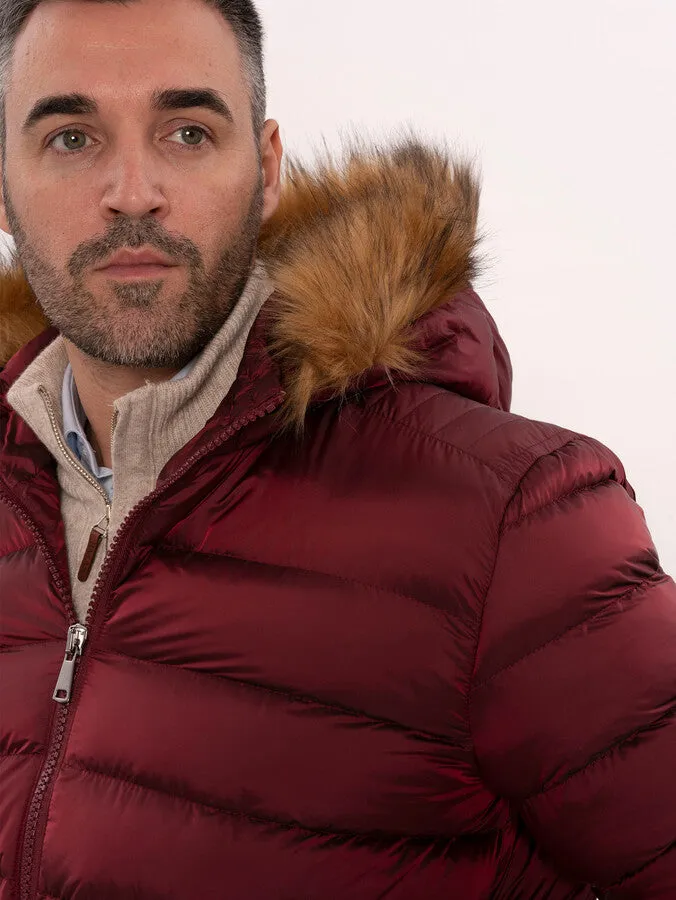 Fur Hooded Burgundy Men Down Coat - Wessi