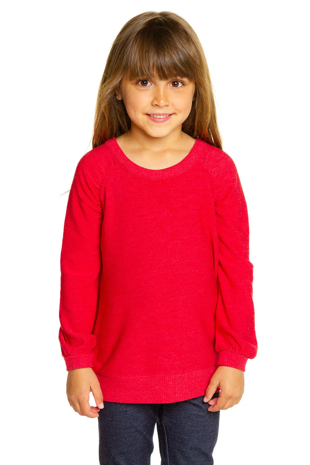 Girls Cozy Knit Puff Long Sleeve Raglan Pullover