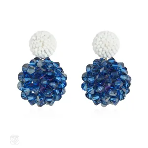 Glass and crystal beaded ball earrings in white and satin blue