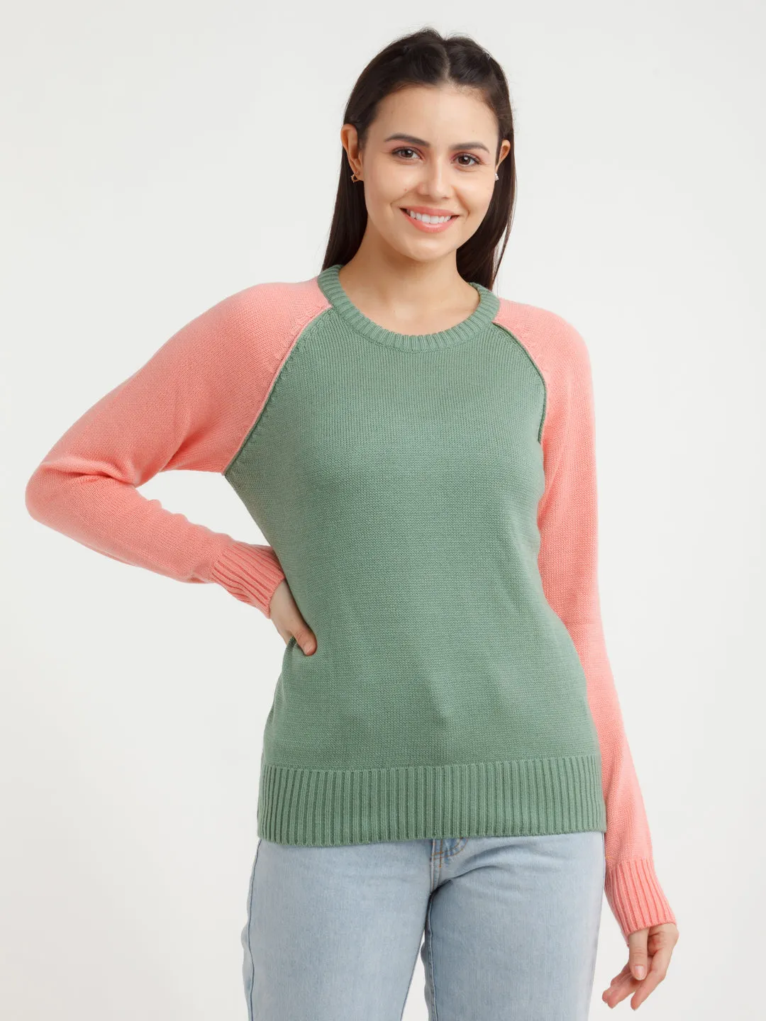 Green & Pink Colorblock Sweater