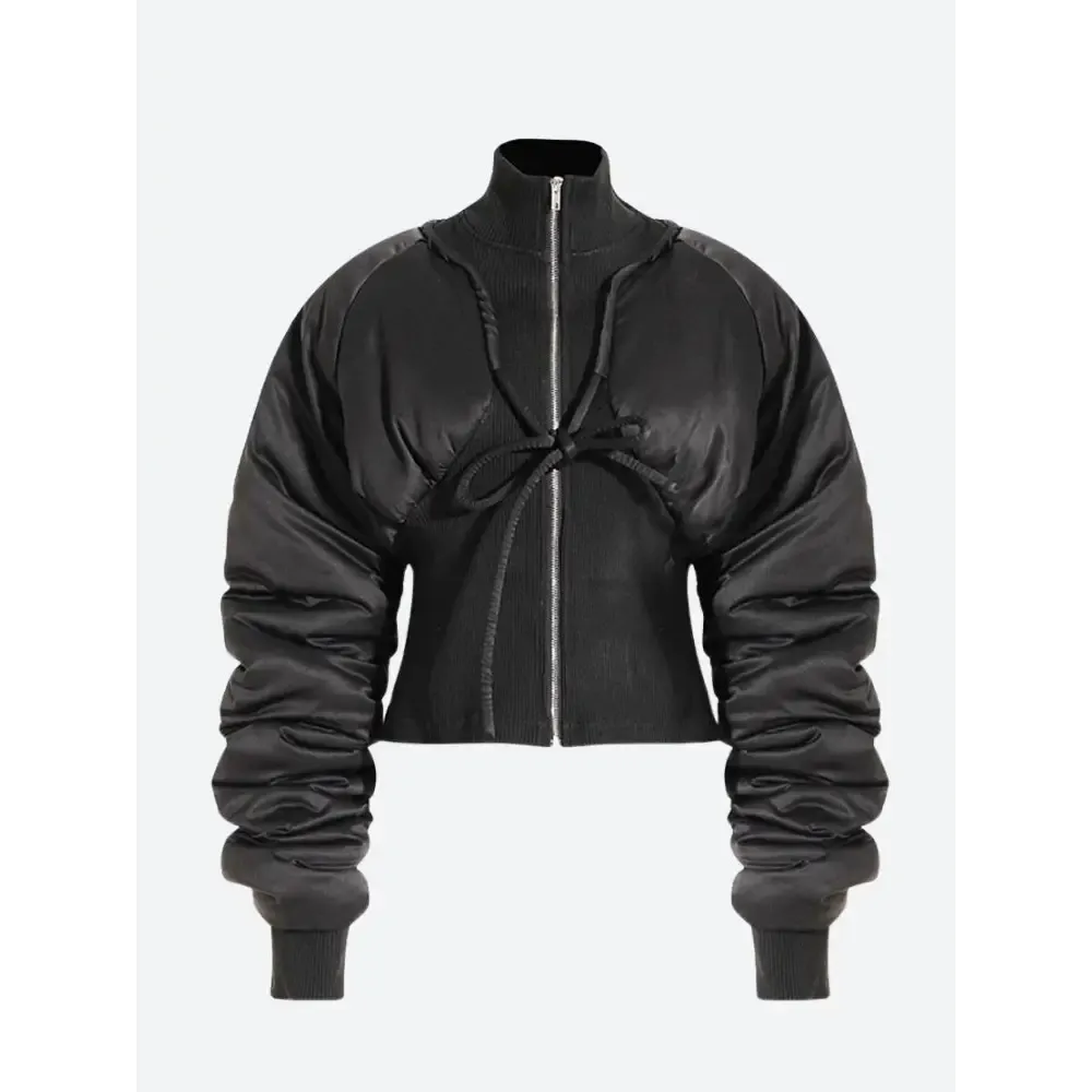 High Neck Puffer Jacket with Zip Fastening and Lace-Up Detail