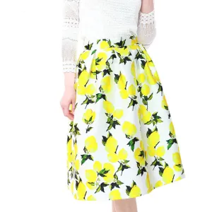 High Women Skirt Fashion Yellow Lemon Print Ball Gown Pleated High Waist Midi Skirt Women Saia S-XL