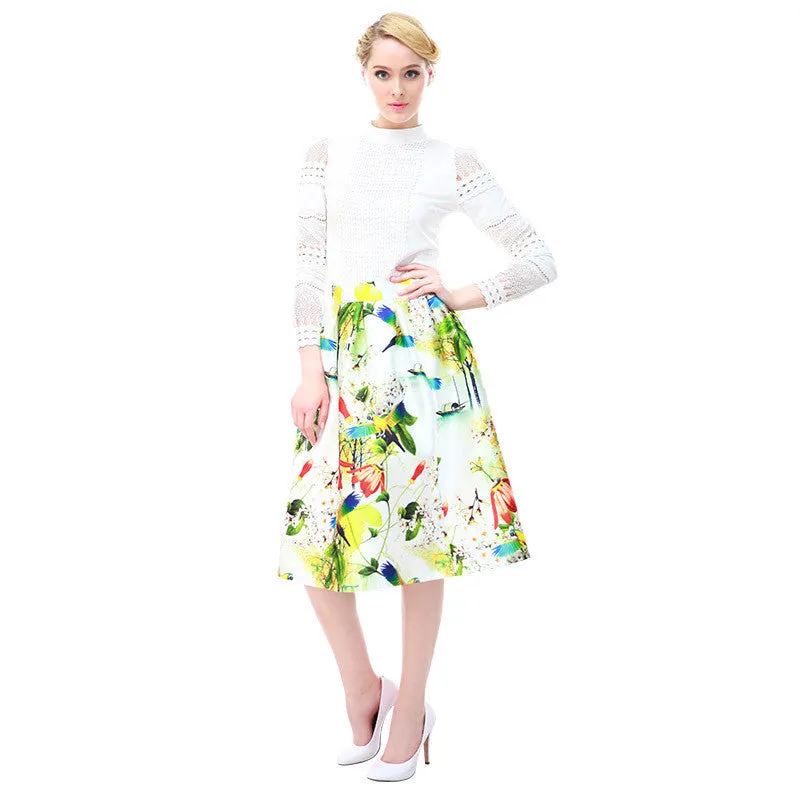 High Women Skirt Fashion Yellow Lemon Print Ball Gown Pleated High Waist Midi Skirt Women Saia S-XL