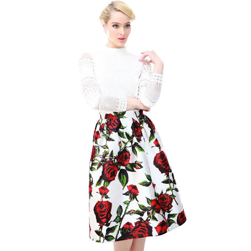 High Women Skirt Fashion Yellow Lemon Print Ball Gown Pleated High Waist Midi Skirt Women Saia S-XL