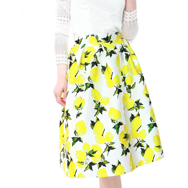 High Women Skirt Fashion Yellow Lemon Print Ball Gown Pleated High Waist Midi Skirt Women Saia S-XL