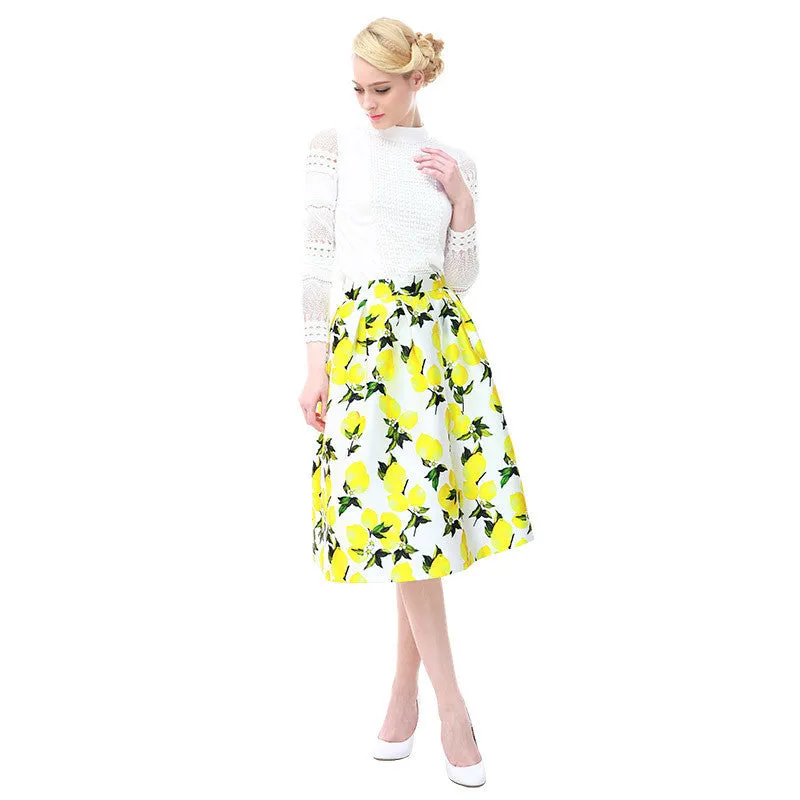 High Women Skirt Fashion Yellow Lemon Print Ball Gown Pleated High Waist Midi Skirt Women Saia S-XL